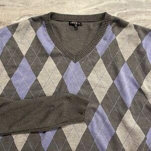 FAZE I Argyle Sweater Men's 5XL Gray Blue Diamond Pattern V-Neck Knit Pullover